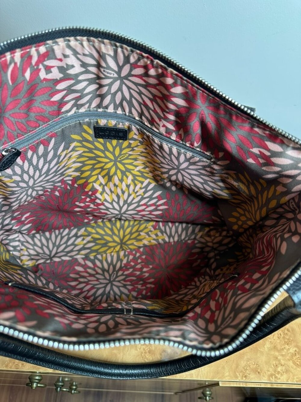 Lodis Black Pebbled Leather Tote Bag Shoulder Purse Floral Lining Work Travel - Picture 8 of 9